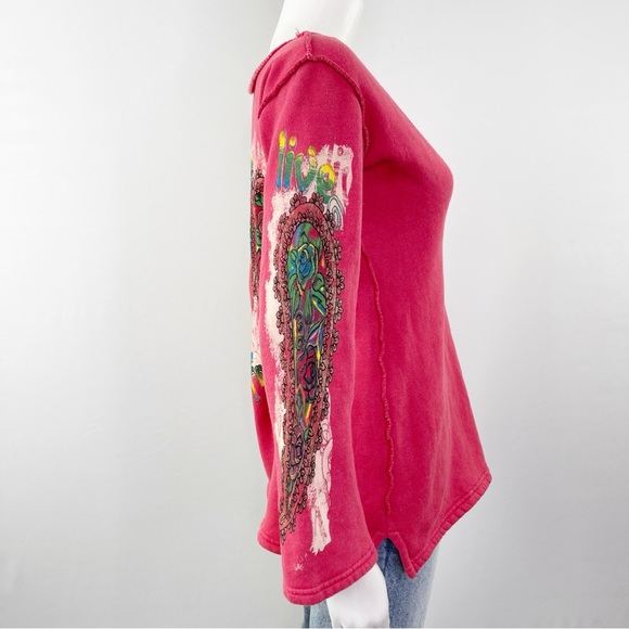 2B Free Pink Long Sleeve Sweatshirt Size M Raw Hem Butterfly Graphic Tattoo Art - Picture 6 of 10